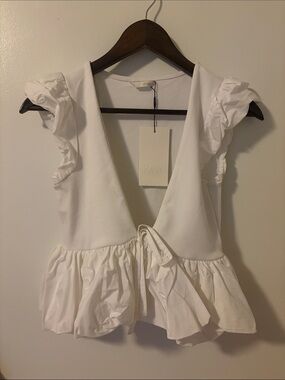 Zara White Deep V Ruffle Tie-Front Peplum Top, size M